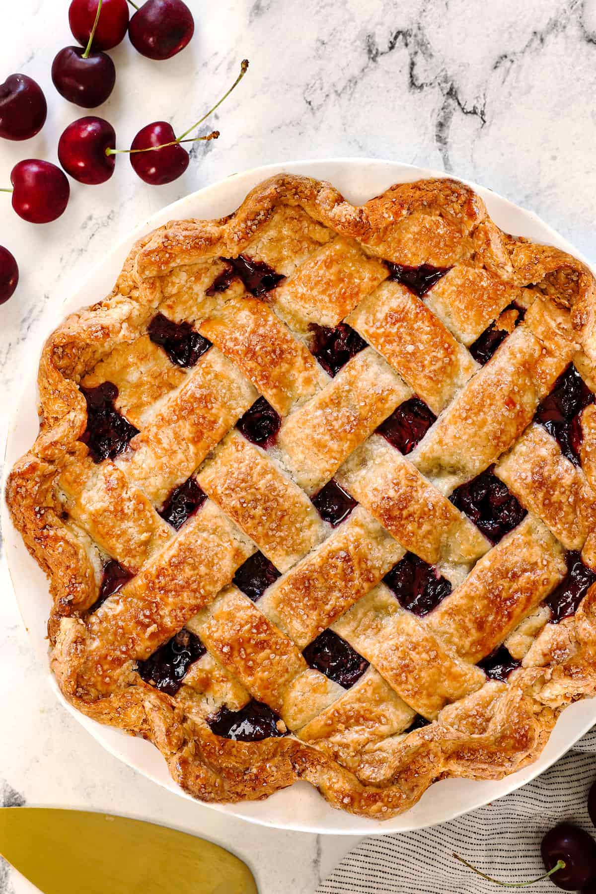 top view of cherry pie recipe made with a lattice top