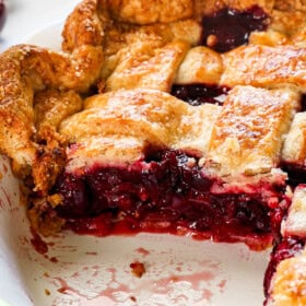 up close of cherry pie showing how thick and jammy the filling is