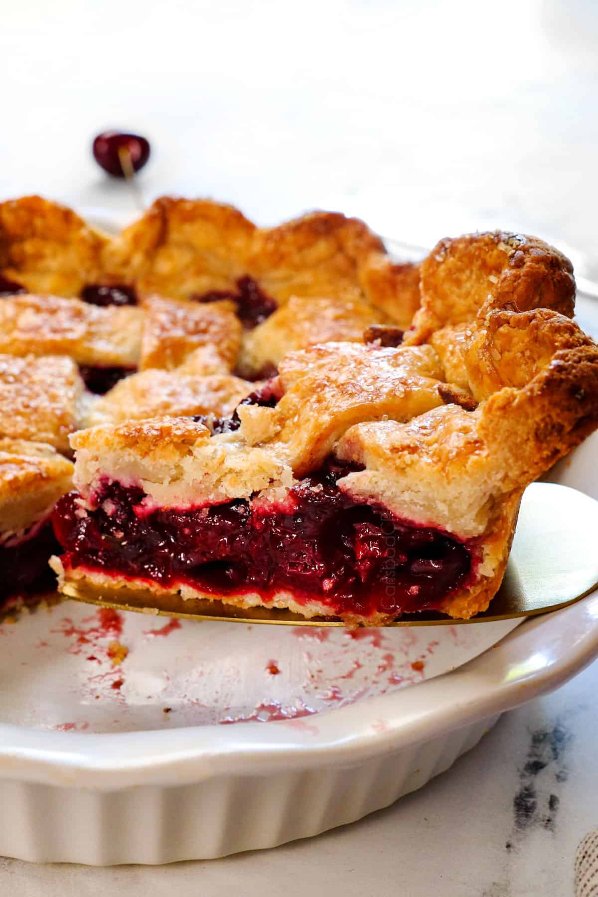 up close of a slice of cherry pie showing how it's sliceable 