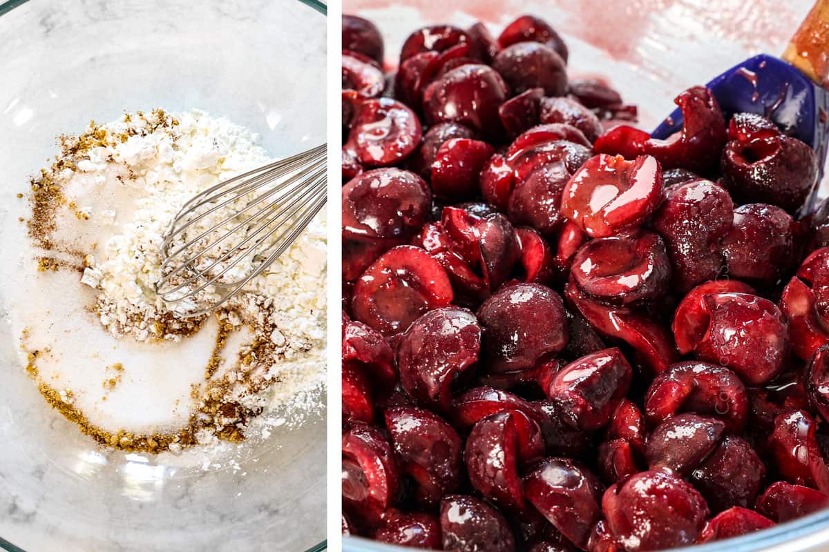 showing how to make cherry pie by whisking sugar, cornstarch and spices together, then adding the cherries, lemon juice and vanilla extract