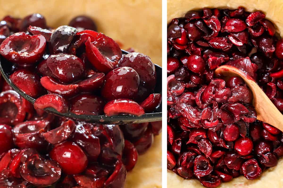 showing how to make cherry pie by using a slotted spoon to add the cherries to the dough, then stirring in the thickened juices