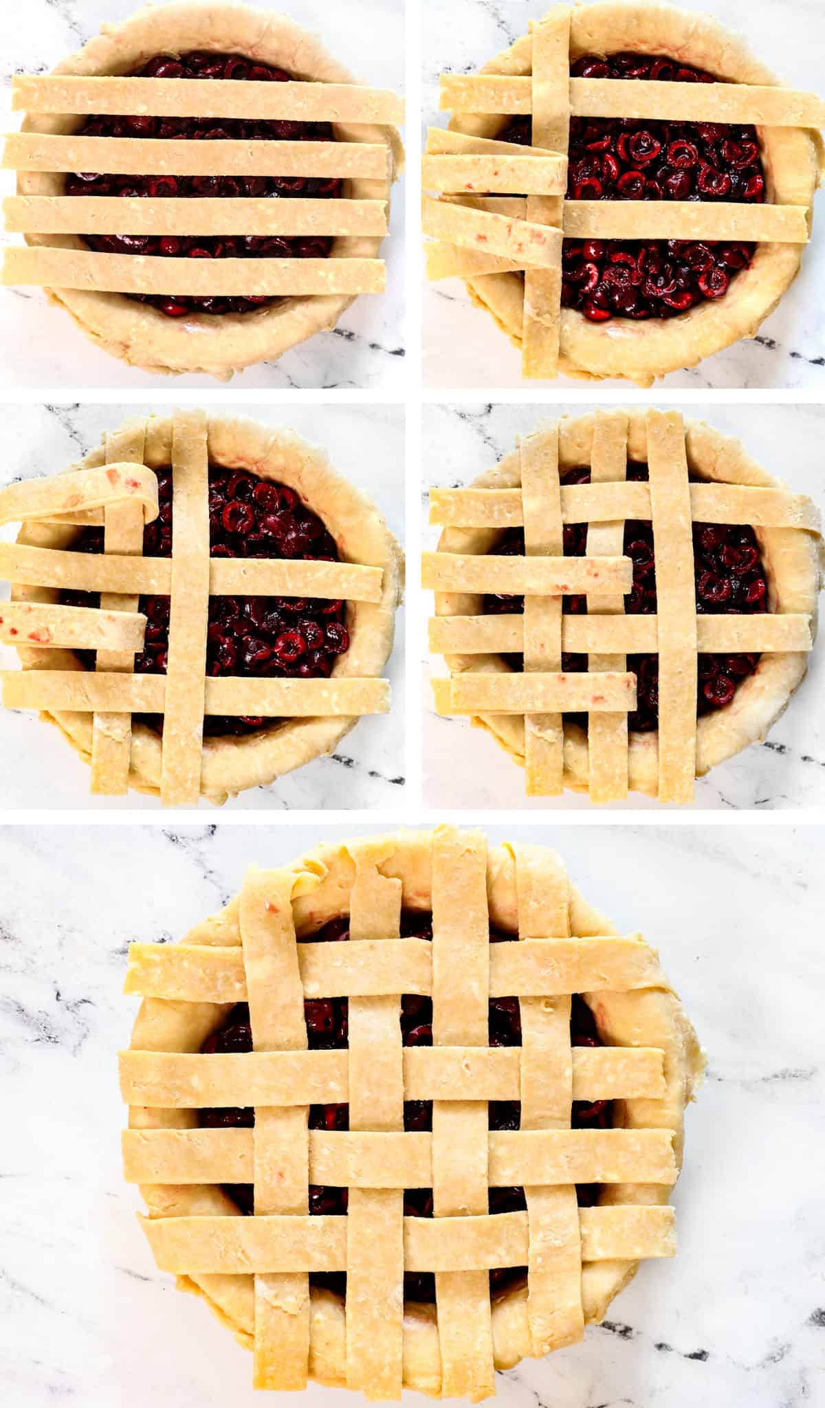 a collage showing how to make cherry pie by weaving the lattice top with step by step photos