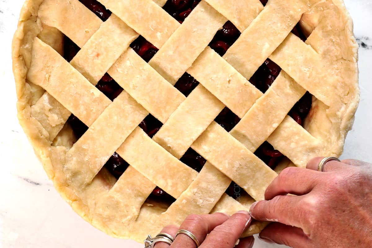 showing how to make cherry pie by fluting the edges of the lattice top