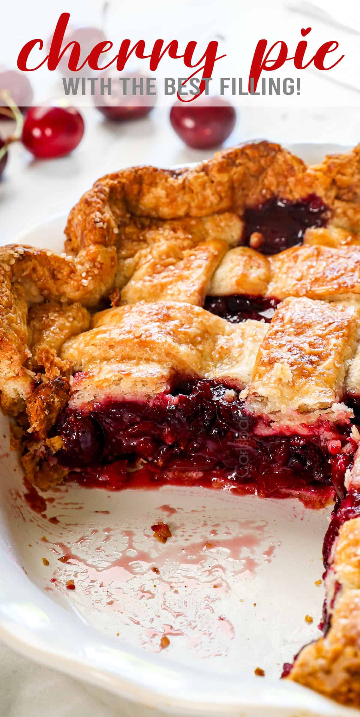 up close of cherry pie showing how thick and jammy the filling is