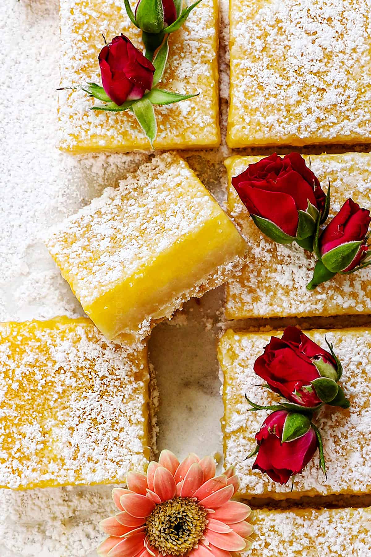 showing how to make lemon bars recipe by cutting into squares and dusting with powdered sugar