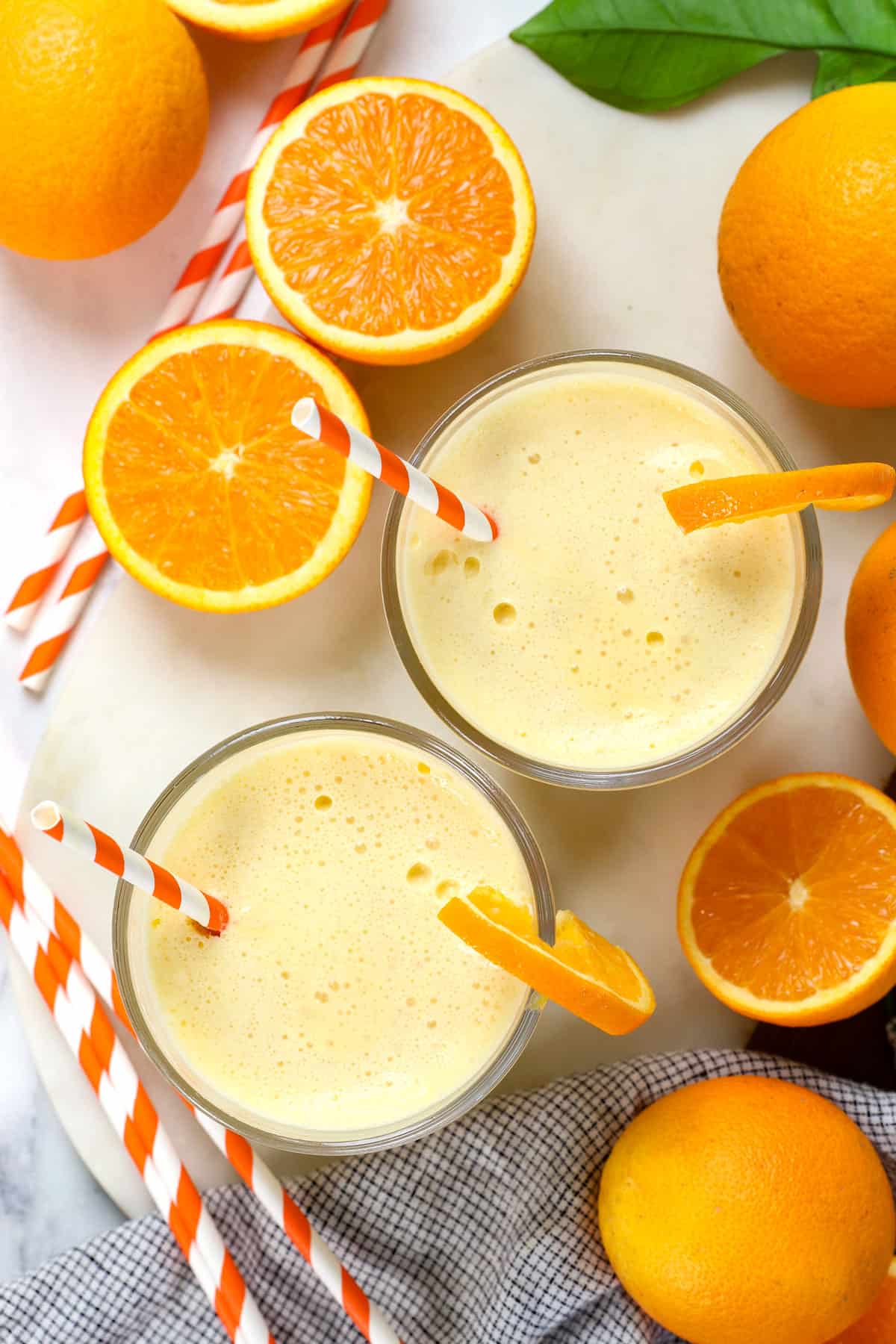 top view of homemade orange Julius showing how thick, creamy and frothy it is