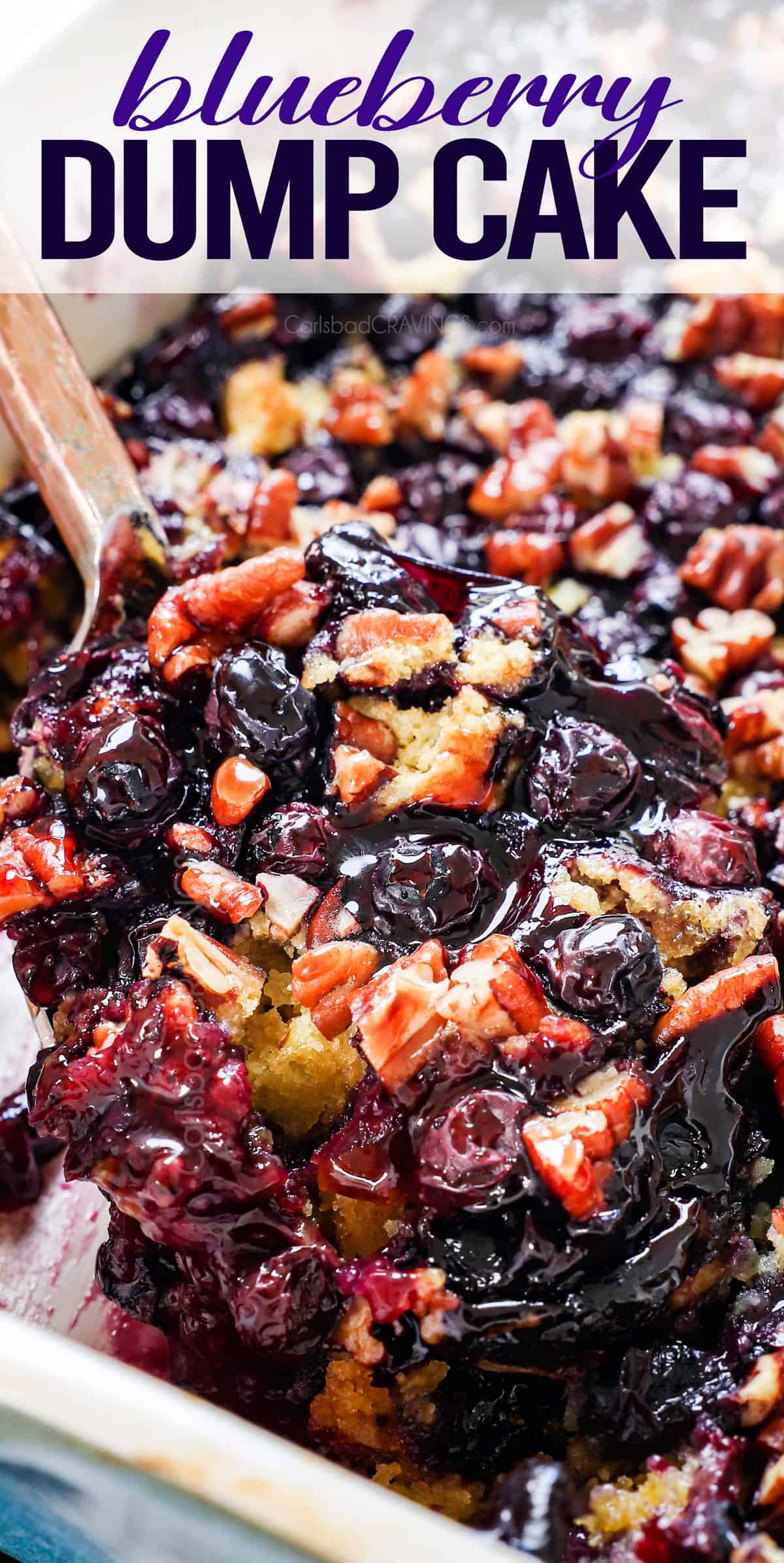 up close of blueberry dump cake showing how juicy the filling is