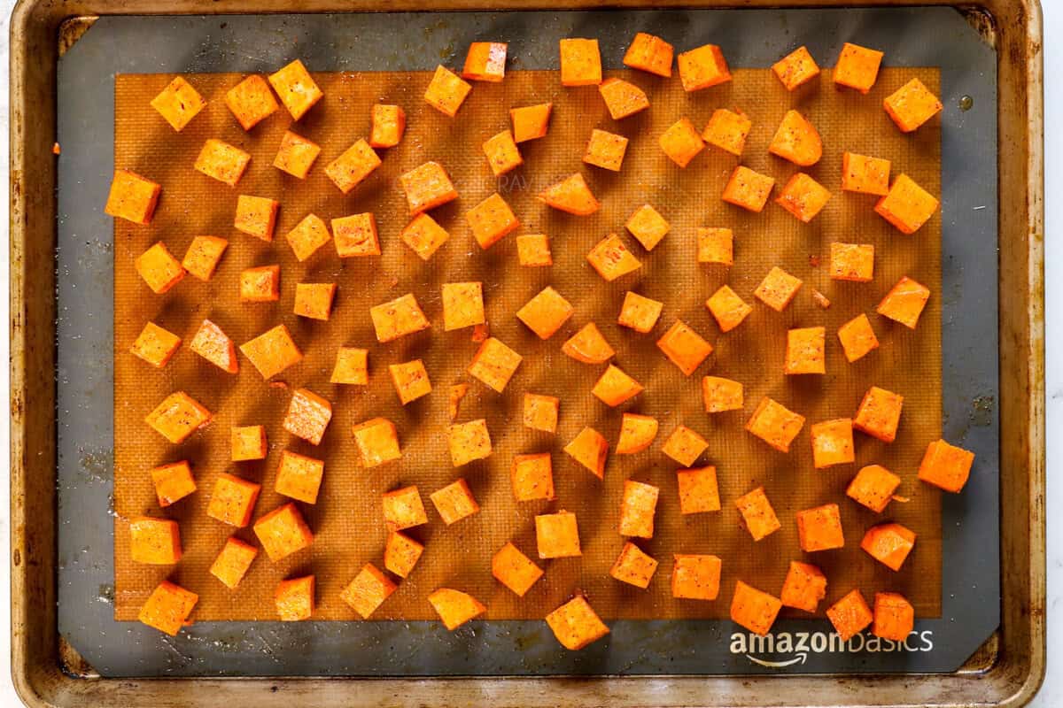 showing how to make green goddess salad by roasting sweet potatoes