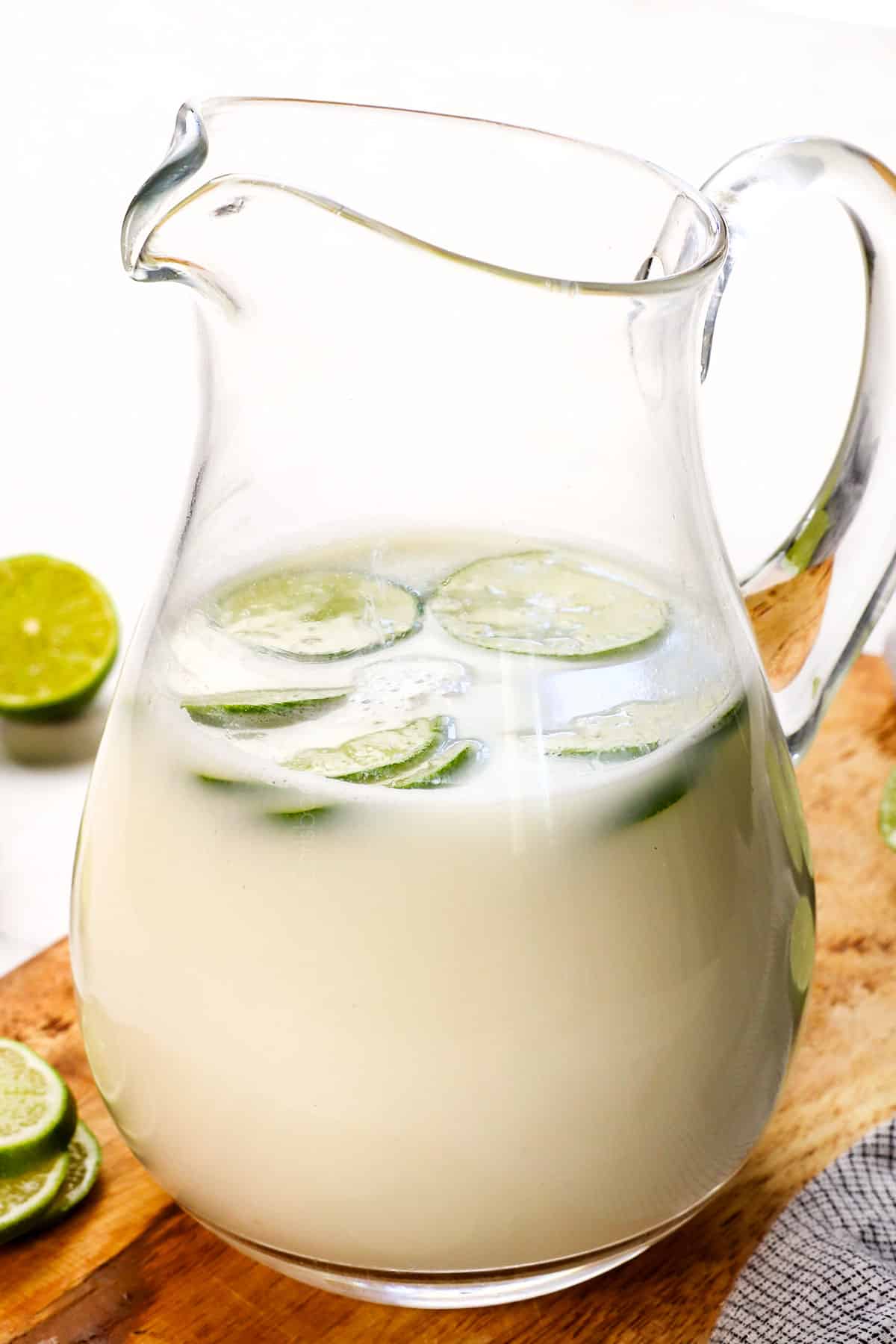 a pitcher of Brazilian lemonade recipe showing how creamy it is