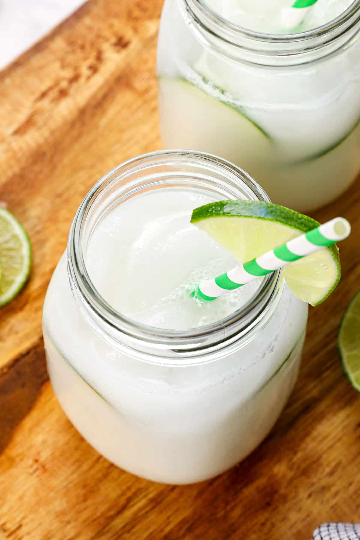 top view of Brazilian limeade served in a jar with ice