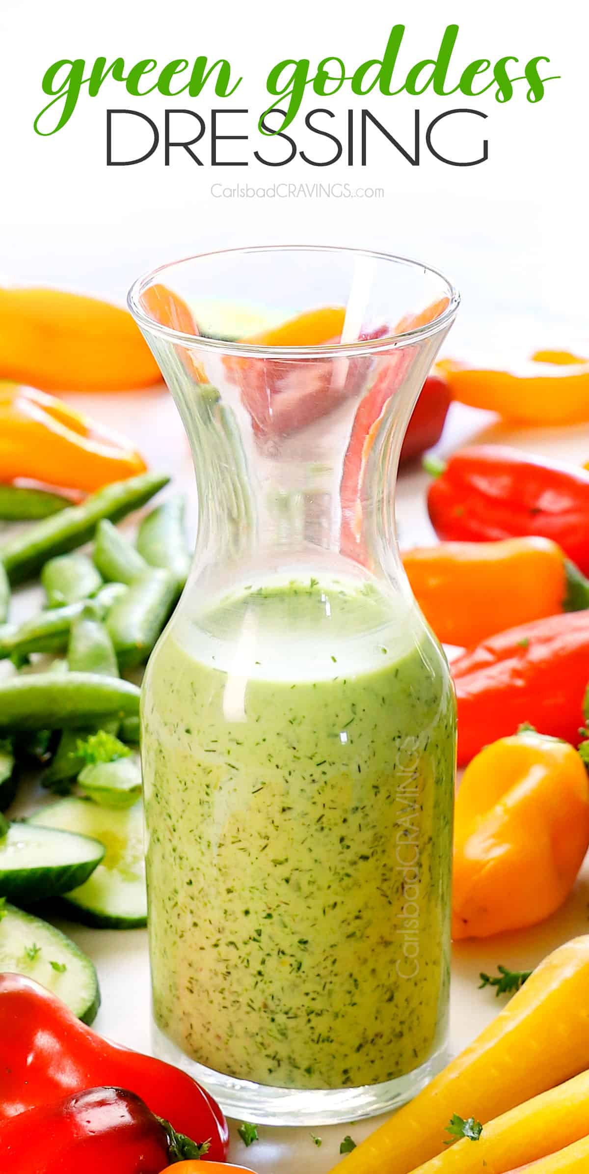 green goddess dressing recipe in a glass jar showing how green and vibrant it is