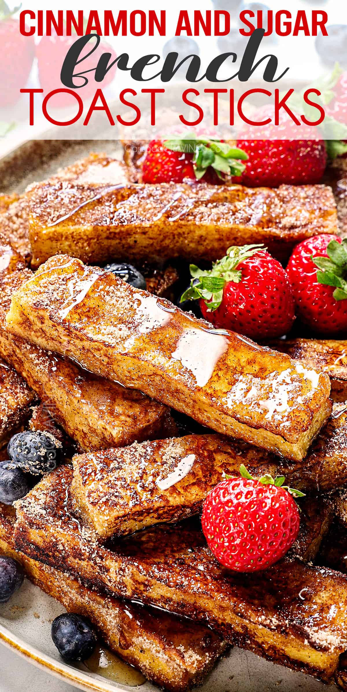 up close of French Toast Sticks drizzled with syrup