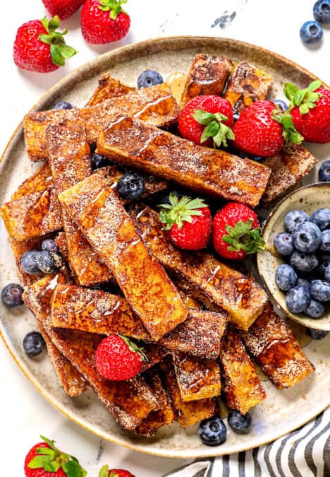 top view of serving French toast sticks recipe on a platter