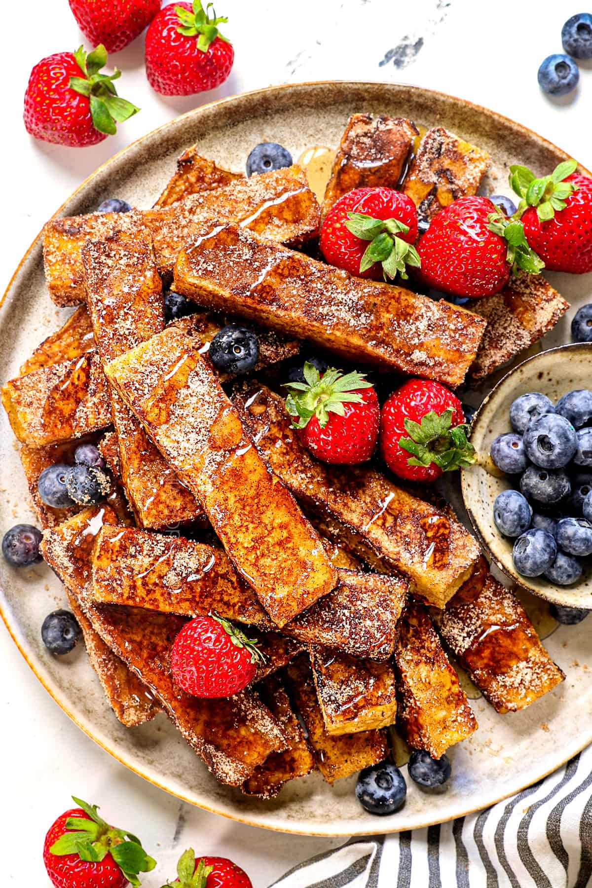 top view of serving French toast sticks recipe on a platter