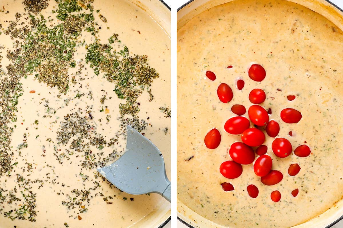 showing how to make Tuscan chicken pasta by adding the spices and tomatoes