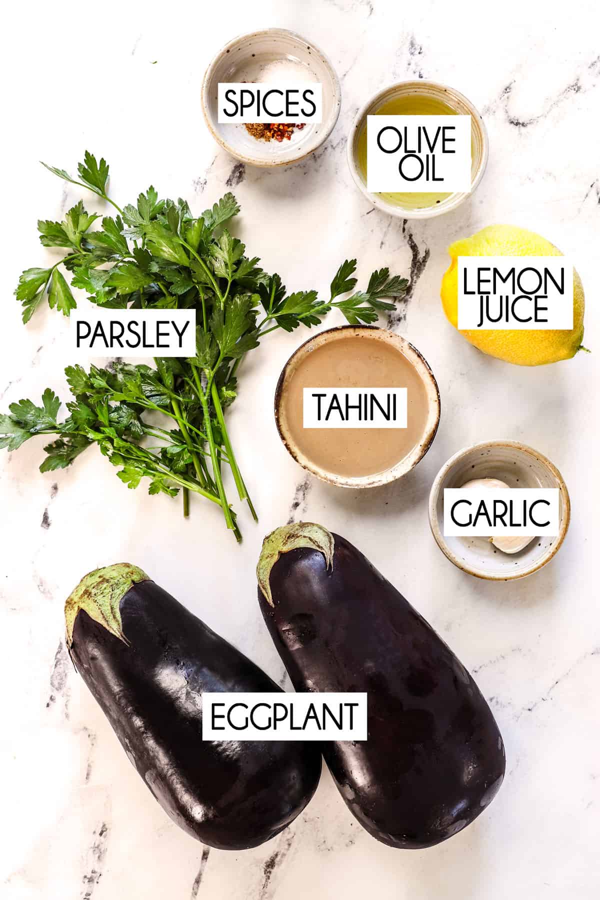 top view of ingredients for Baba Ganoush: Italian eggplant, tahini, garlic, lemon juice, parsley, olive oil, spices