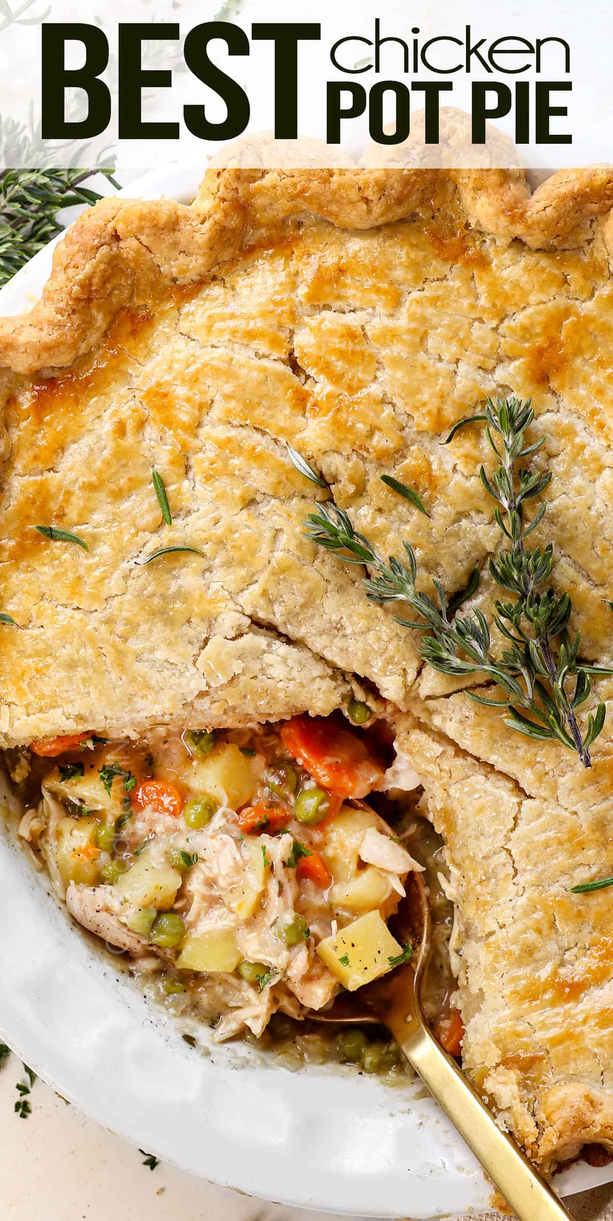 top view of homemade chicken pot pie showing the flaky crust