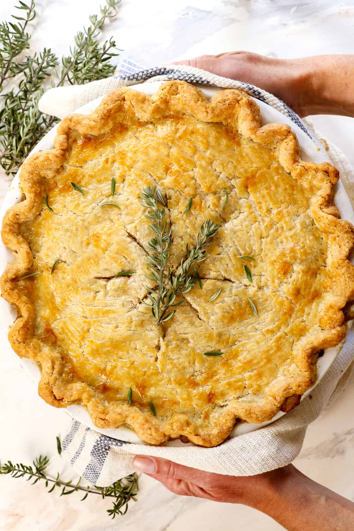 showing how to make chicken pot pie recipe by baking until the crust is golden