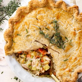 showing how to make chicken pot pie by baking until the crust is golden