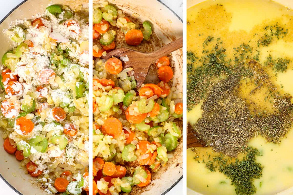 a collage showing how to make chicken pot pie by adding flour, cooking with vegetables, then whisking in broth