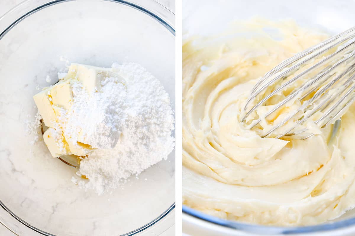 showing how to make pumpkin cream cheese muffins by mixing the cream cheese, powdered sugar and vanilla in a bowl to make the cheesecake filling