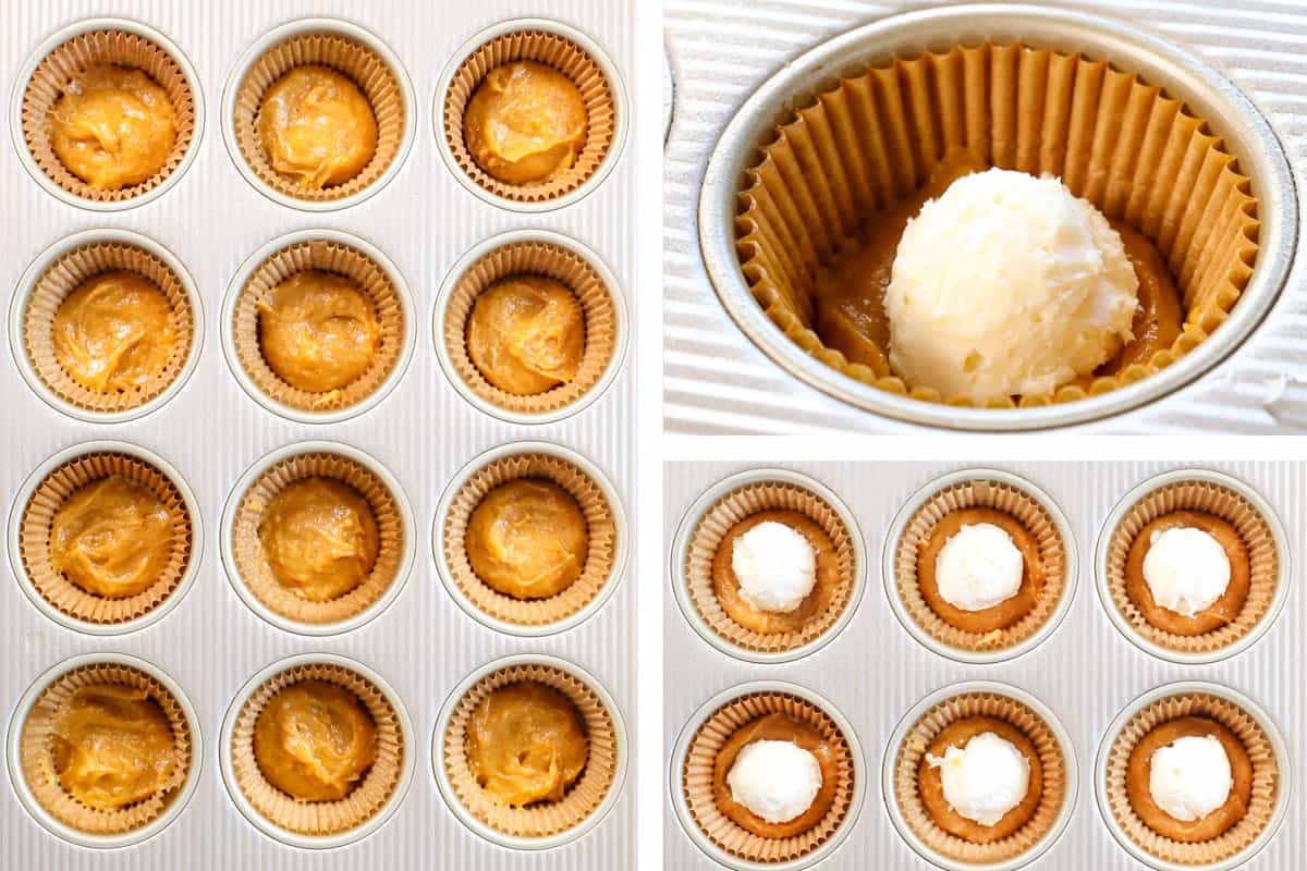 showing how to make pumpkin cream cheese muffins by adding 1 tablespoon batter, 1 tablespoon cream cheese filling and topping with 1 tablespoon pumpkin batter