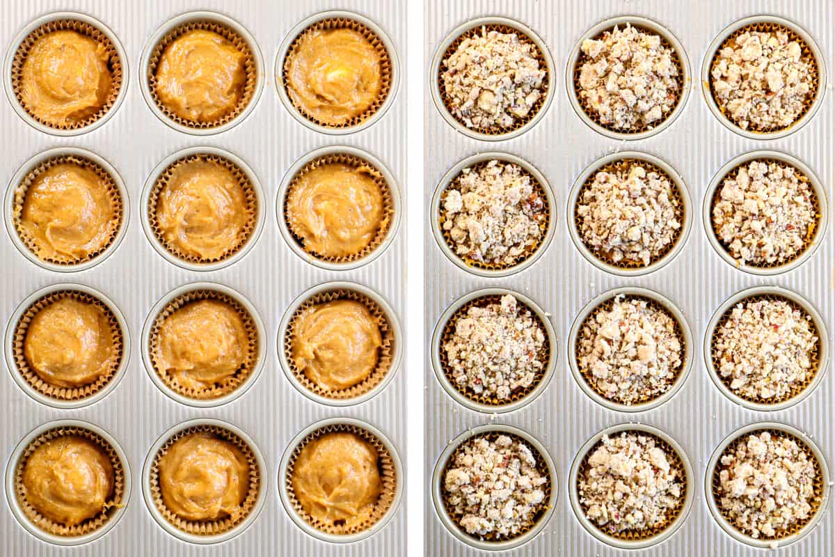 showing how to make pumpkin cream cheese muffins by topping the cream cheese filling with pumpkin, then streusel crumb topping