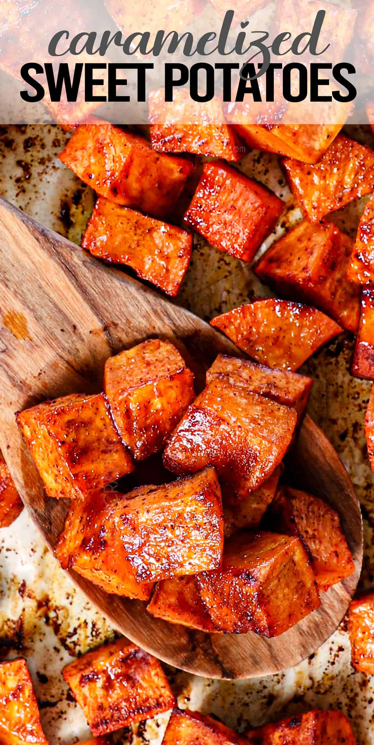 top view of roasted sweet potatoes showing the caramelized edges