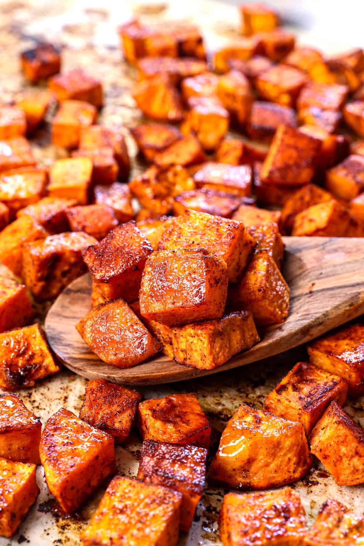 a spoonful of roasted sweet potatoes recipe