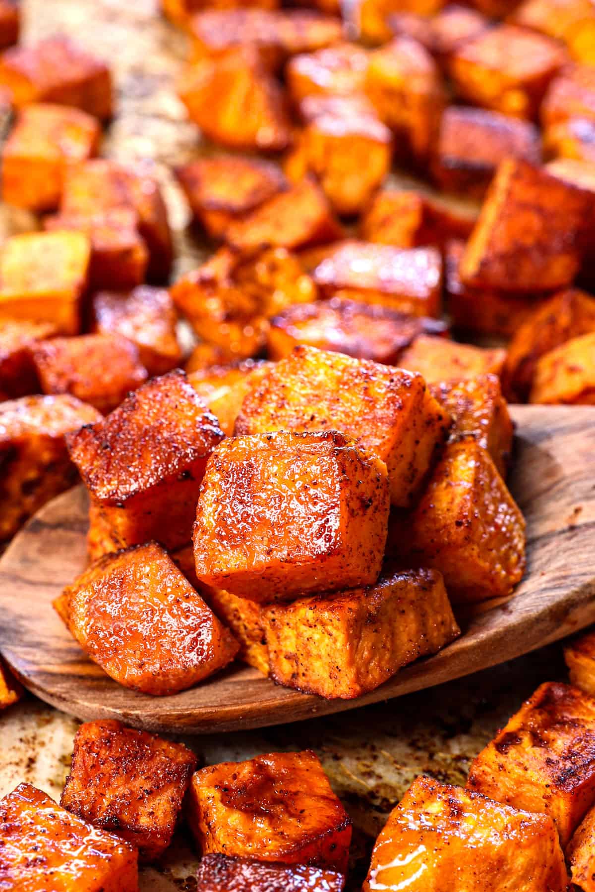 a spoonful of roasted sweet potatoes recipe