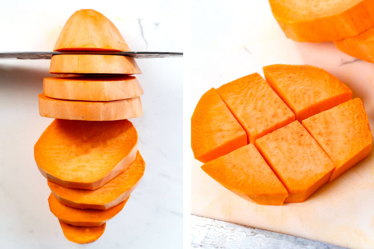 how to roast sweet potatoes but cutting the potatoes in to 1/-2  rounds, then into cubes