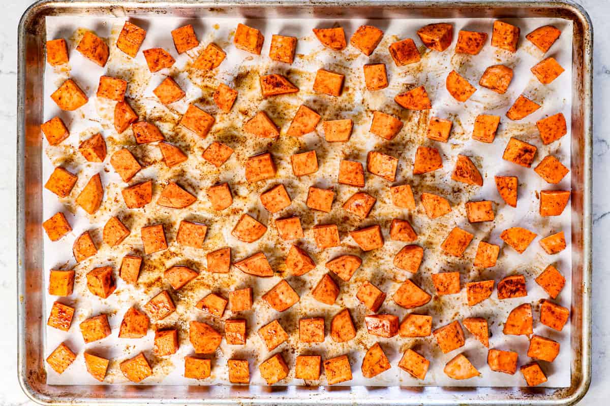 how to roast sweet potatoes by spacing apart on a baking sheet so they aren't touching