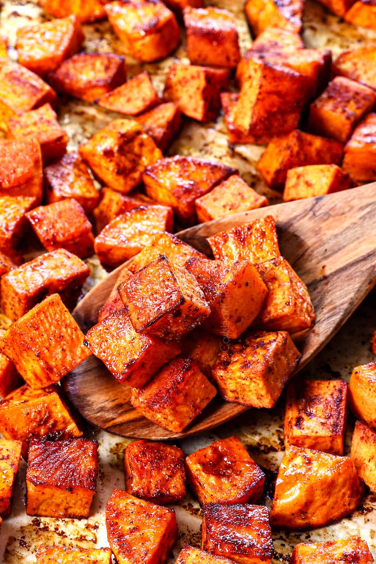 roasted sweet potato recipe seasoned with salt, pepper, paprika and cinnamon