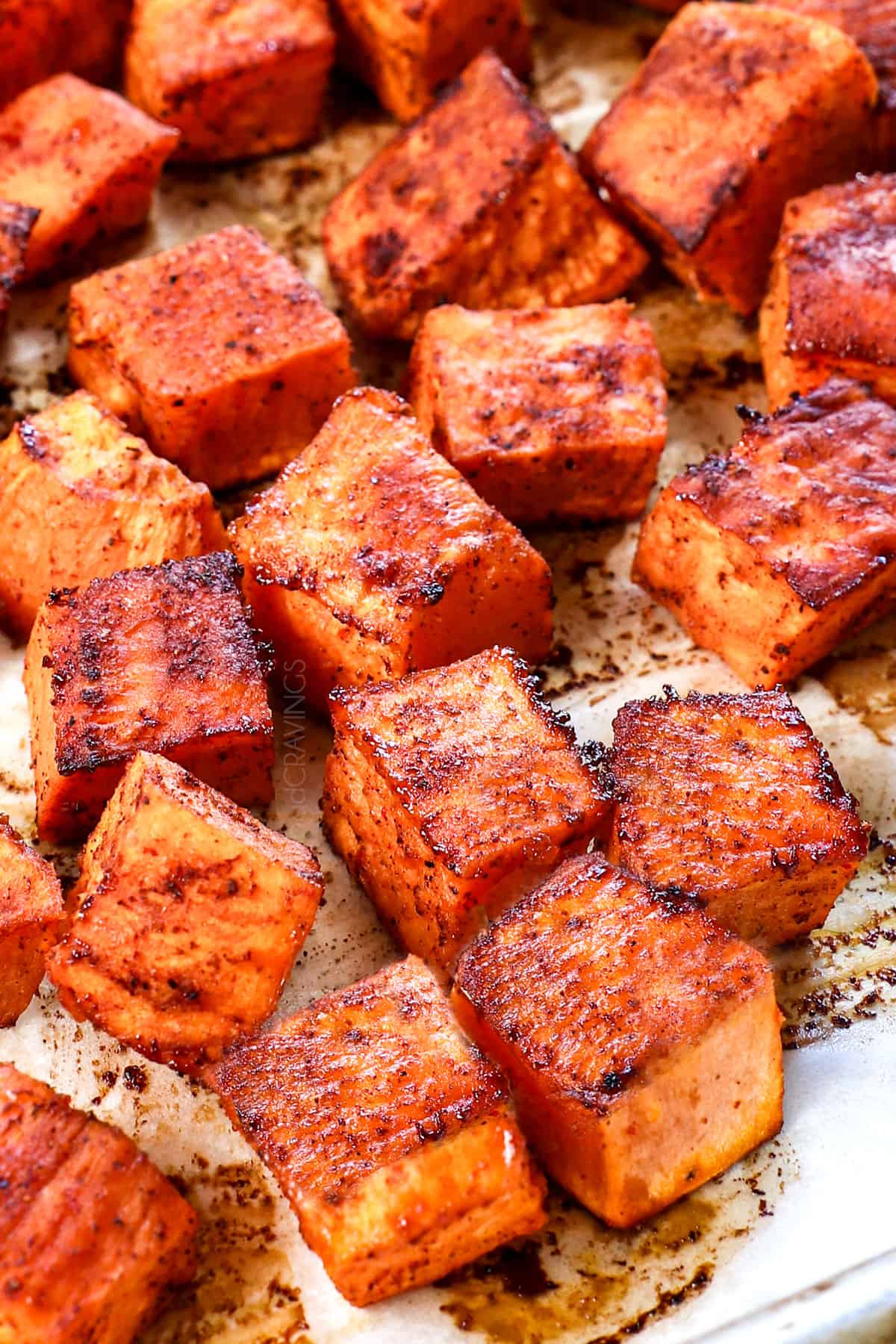 up close of roasted sweet potato recipe showing the crispy, caramelized edges