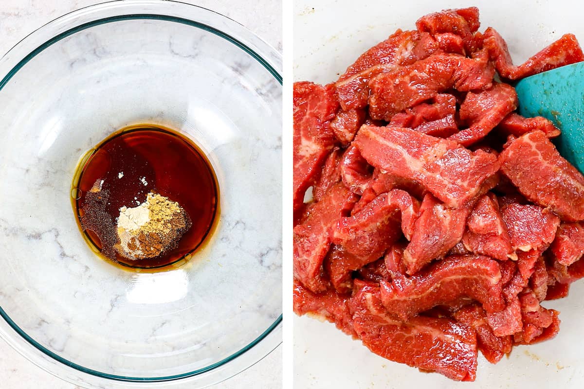 showing how to make Beijing Beef by whisking the marinade ingredients together, then adding the beef to marinate 