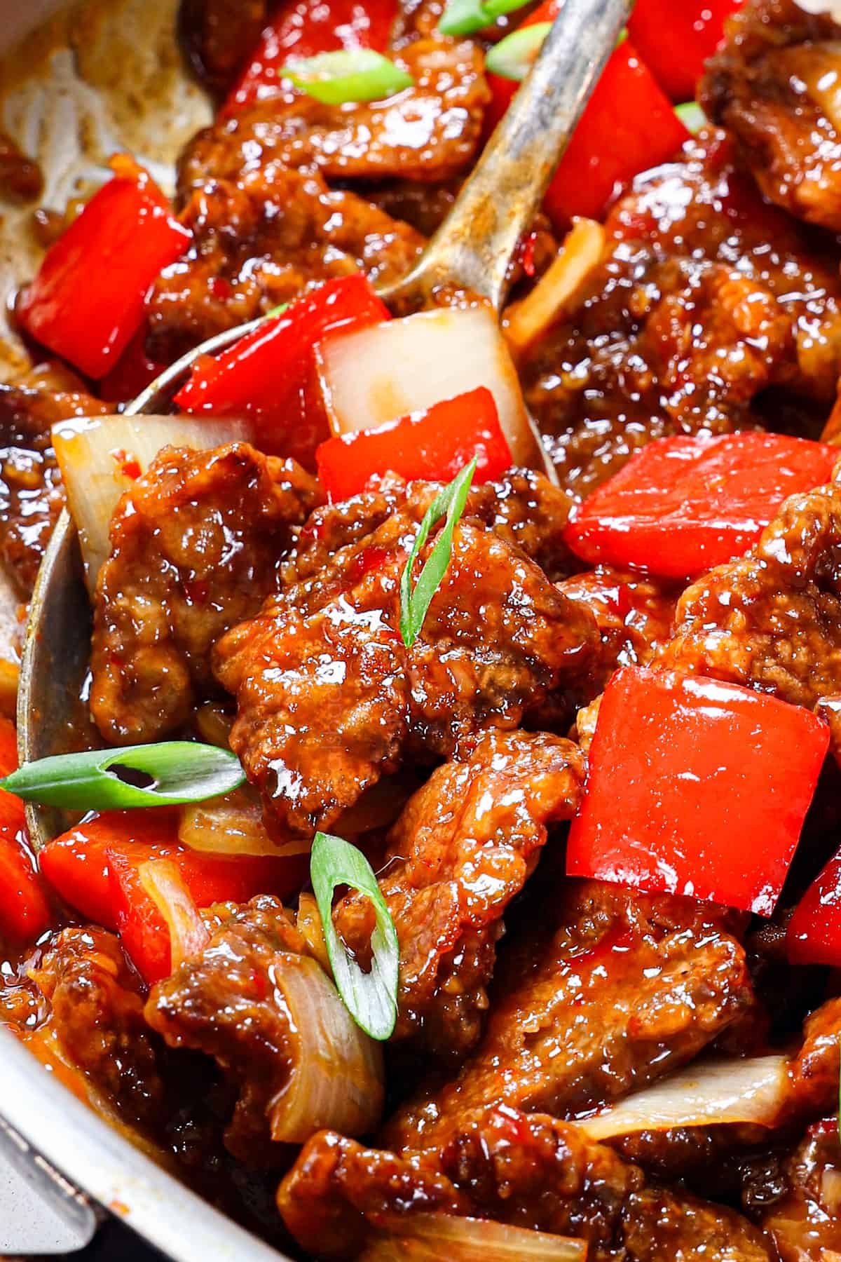 up close of serving panda express beijing beef recipe showing how crispy it is