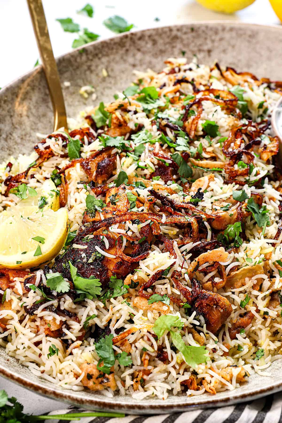 top view of serving biryani recipe on a platter