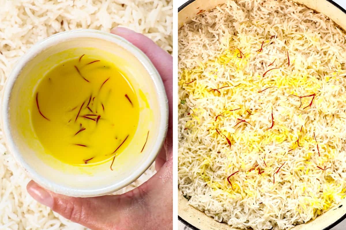 showing how to make biryani by soaking saffron in milk, then pouring it over the rice