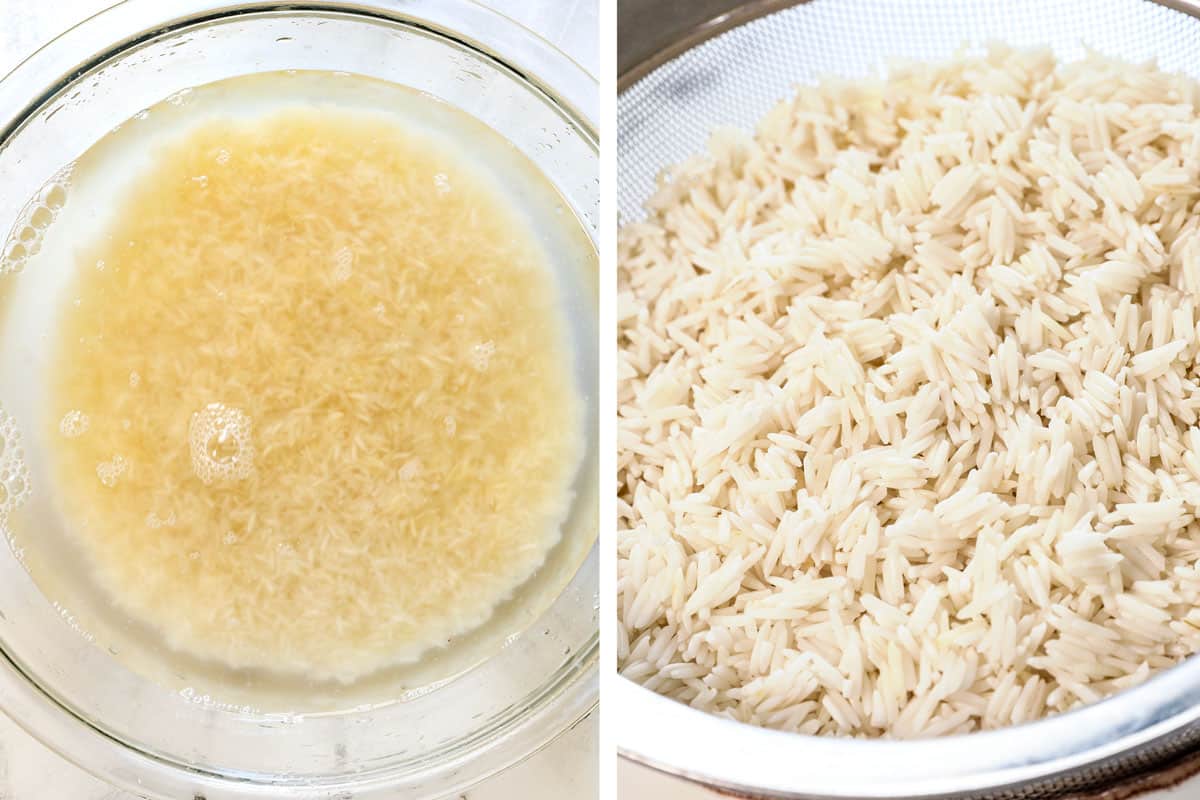 showing how to make biryani by soaking the rice before cooking, then rinsing