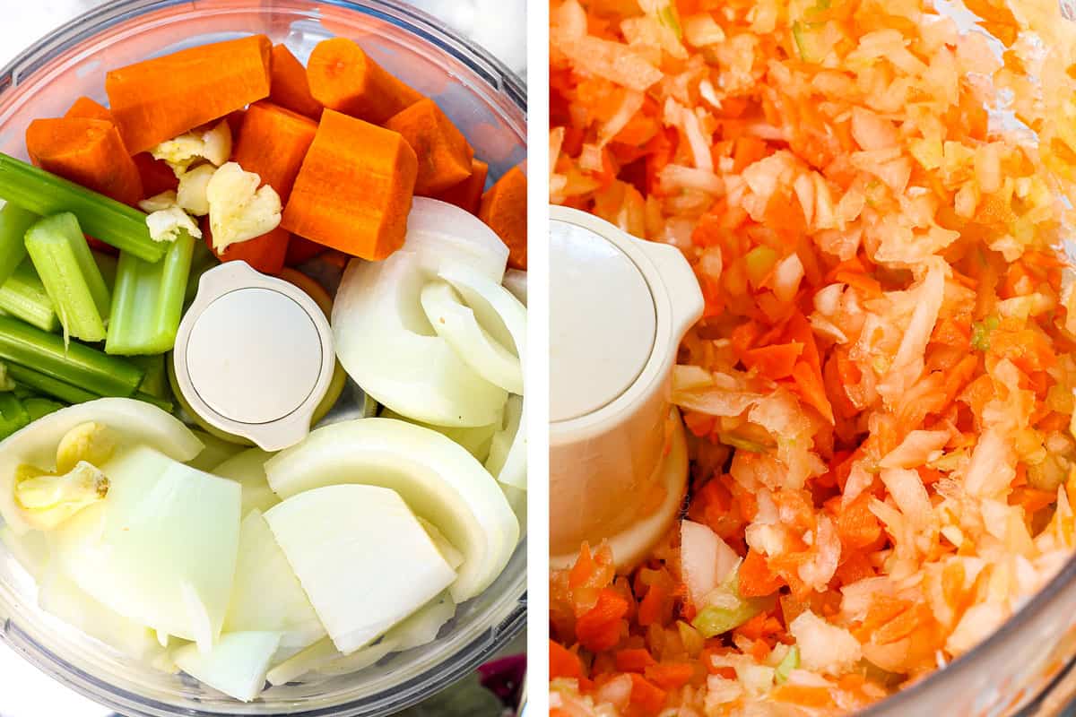 showing how to make mushroom soup by chopping onions, celery, carrots and garlic in the food processor 