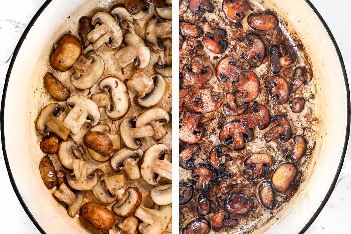 showing how to make how to make mushroom soup by caramelizing sliced mushrooms