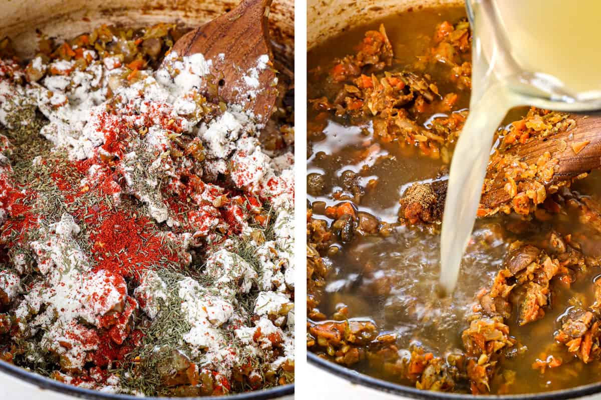 showing how to make how to make mushroom soup by adding the flour and spices and cooking, then stirring in the chicken broth