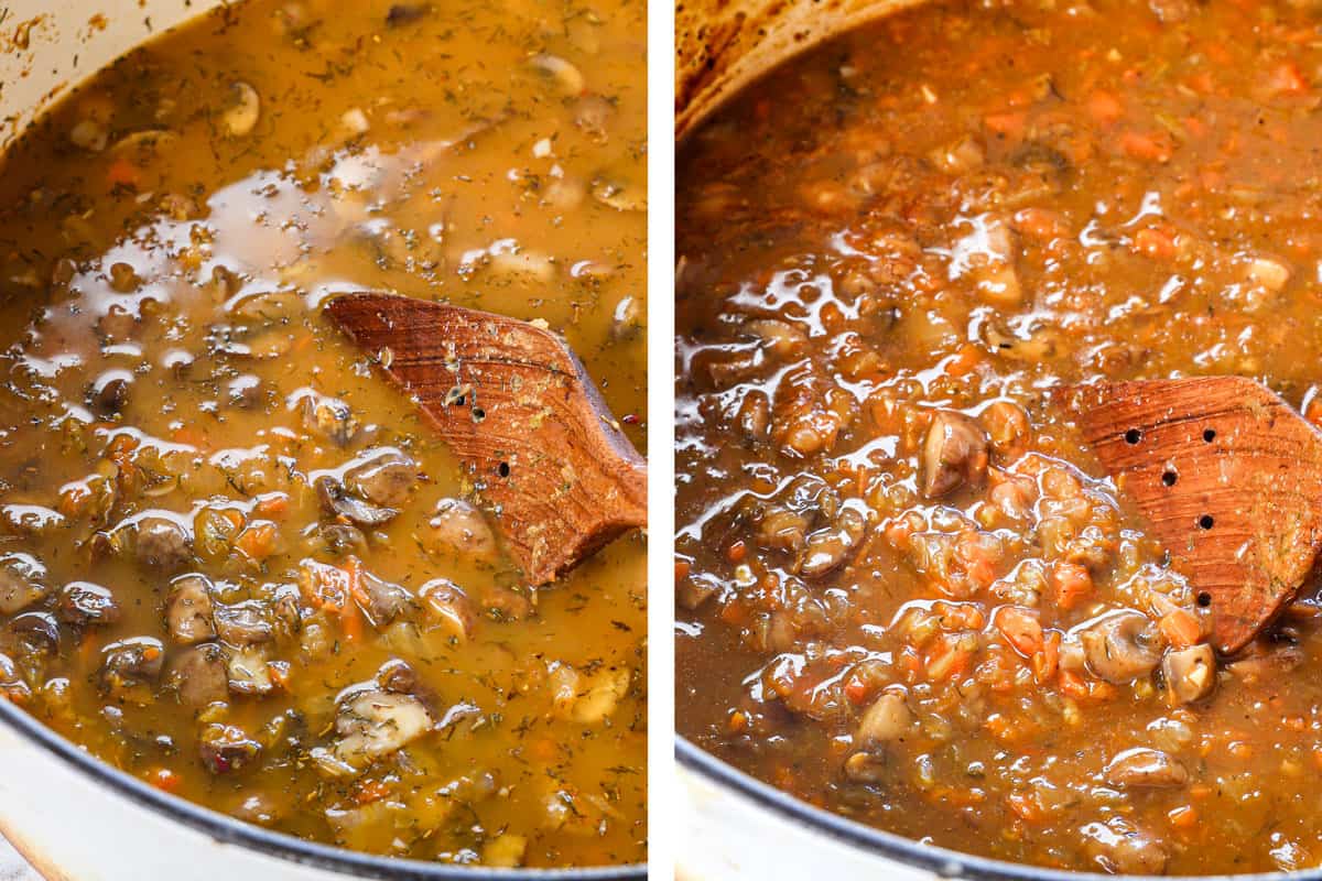 showing how to make how to make mushroom soup by simmering the soup until reduced