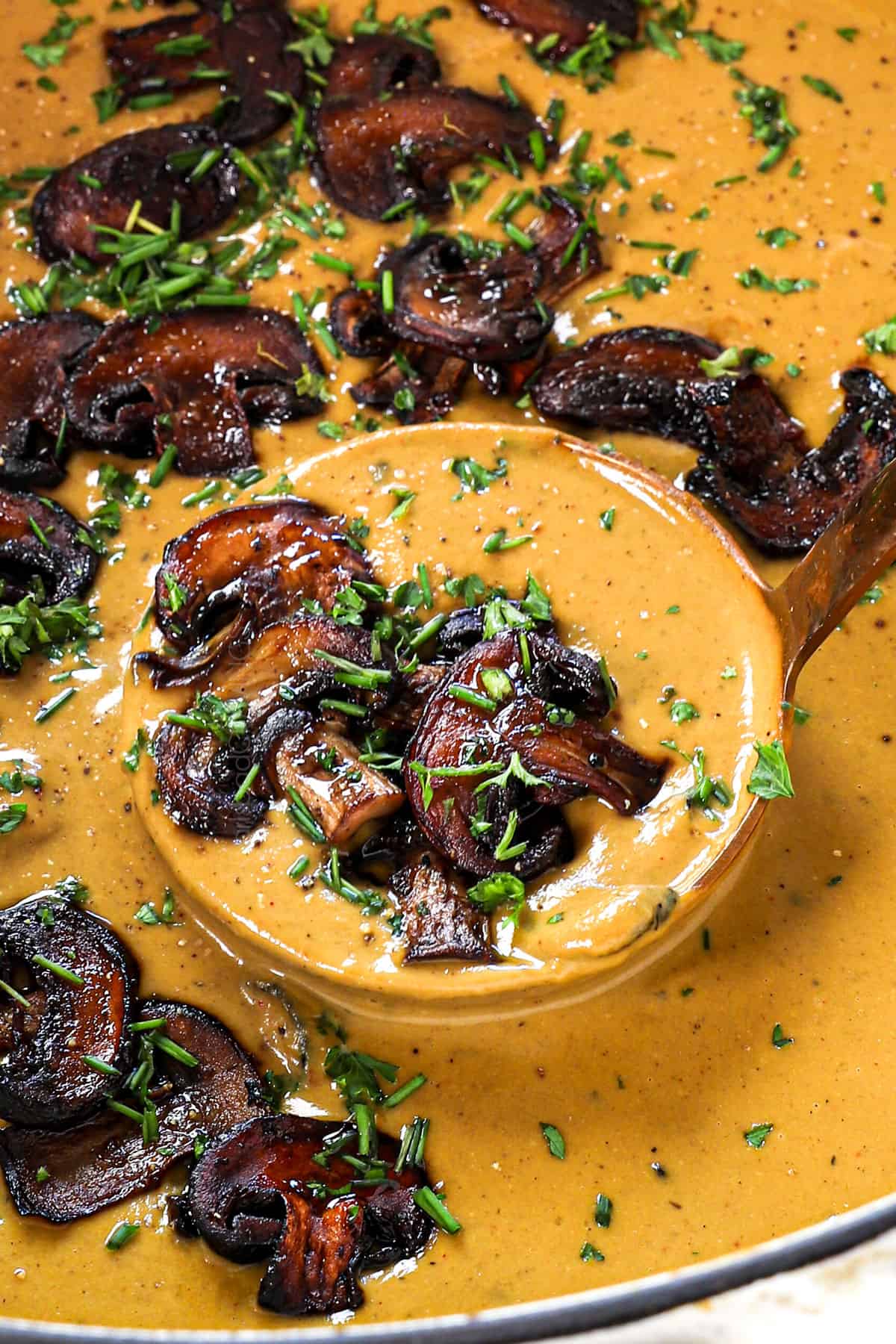 up close of a ladle of mushroom soup recipe in a pot showing how creamy it is