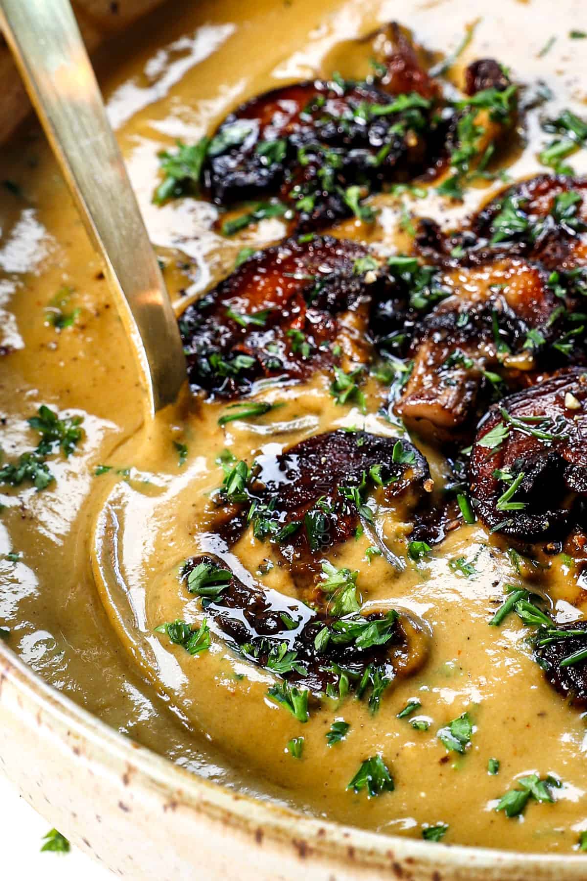 up close of a spoonful of best mushroom soup recipe in a bowl showing how thick, rich and creamy it is