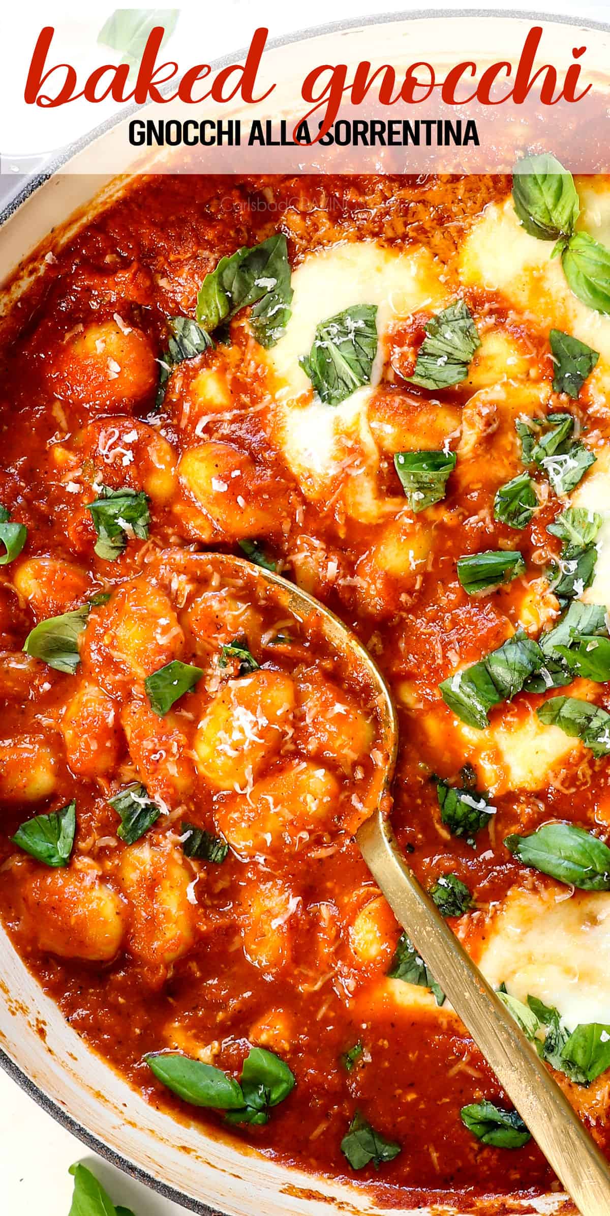 top view of gnocchi recipe in a skillet baked in the oven