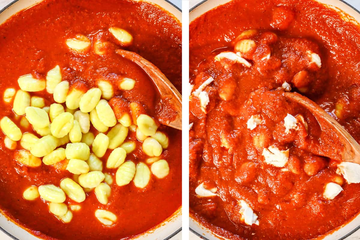 showing how to make gnocchi alla sorrentina by stirring the gnocchi into the sauce followed by torn mozzarella. 