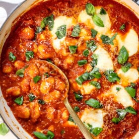 gnocchi sorrentina topped with mozzarella and basil