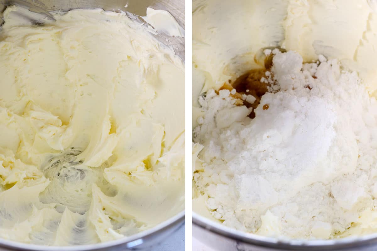 showing how to make pumpkin cupcakes by beating cream cheese and butter until creamy, then beating in the powdered sugar, vanilla, and maple syrup