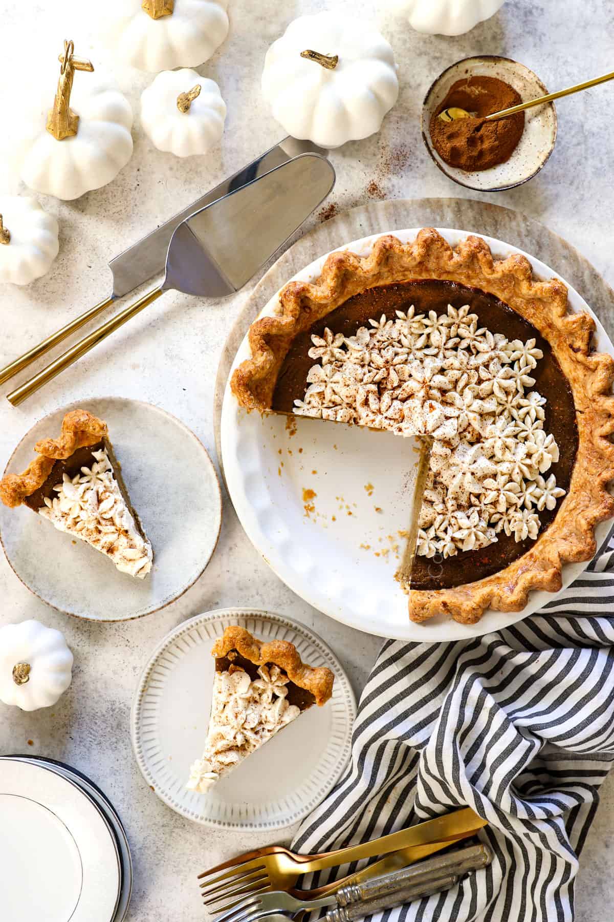 showing how to serve  homemade pumpkin pie by slicing and placing on plates